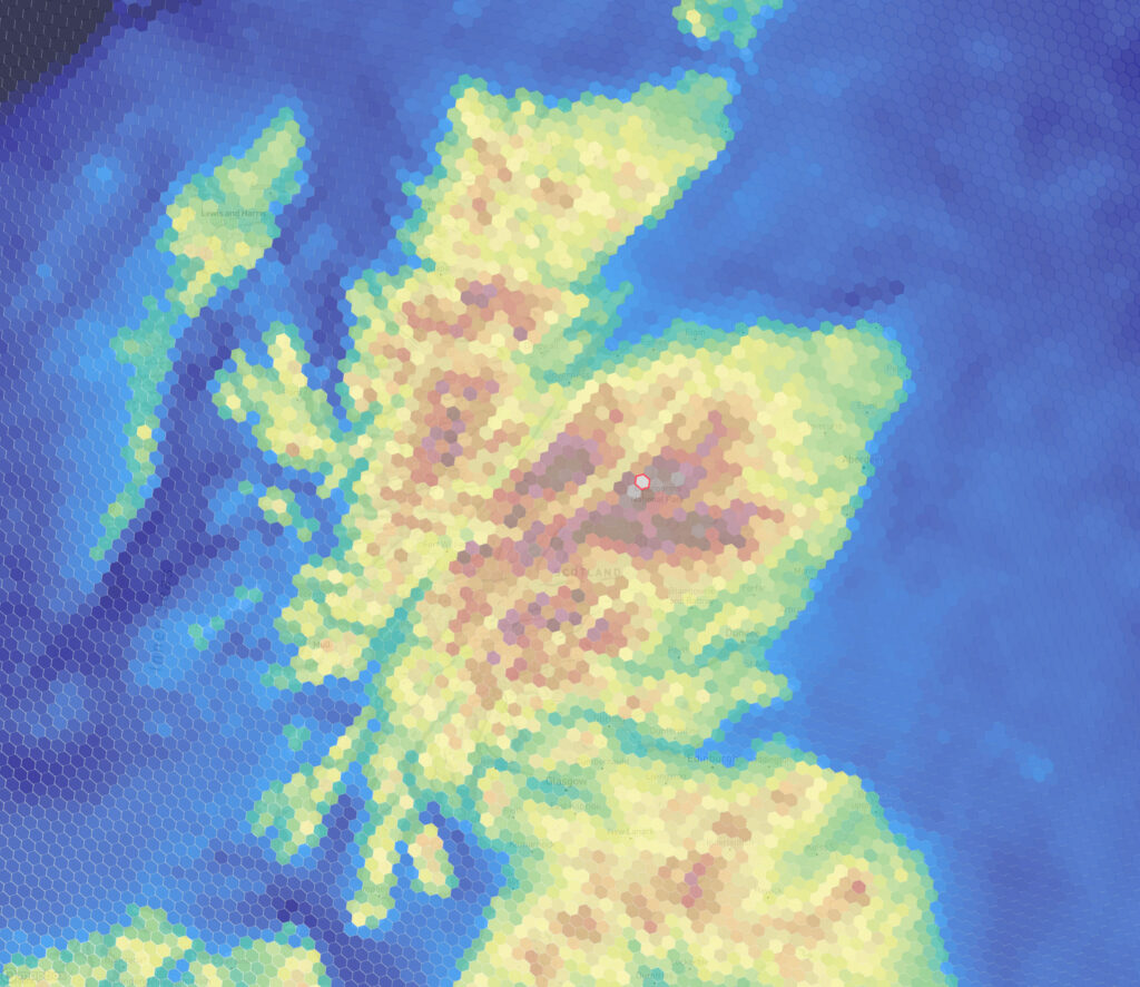 Overlay at low resolution of the BlueGlobe Geospatial framework for Scotland.
